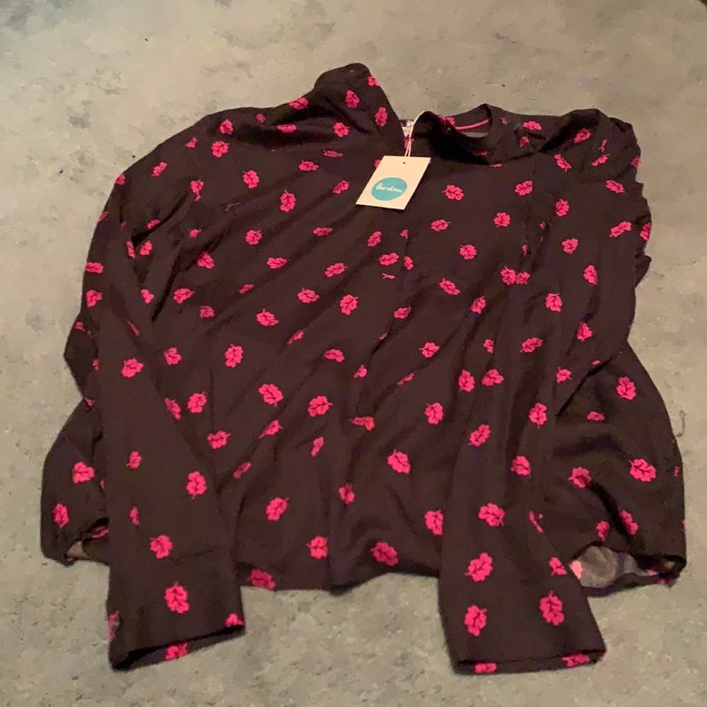 BODEN Paula Popover Top Size 10 Gray Pink Leaf Print Long Sleeve - Picture 4 of 4